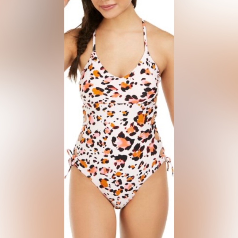 Hula Honey Women's One Piece Swimsuit Pink Animal Print Lace Up Side Deep V Smal - Picture 2 of 9